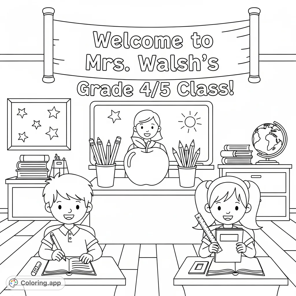 A cheerful back to school coloring page featuring students, school supplies, and a welcoming message for Mrs. Walsh's Grade 4/5 Class.
