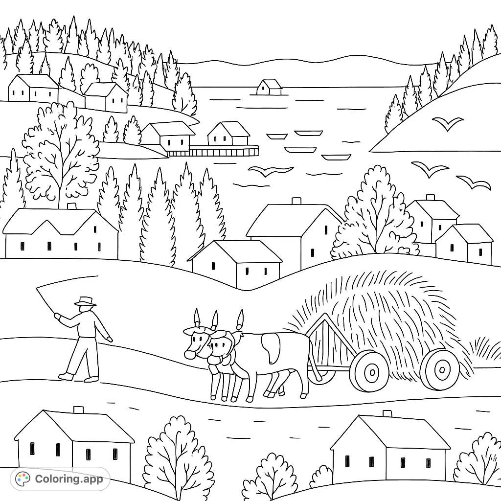 Color a charming rural scene with a person, oxen, and hay cart, set against a backdrop of rolling hills, houses, and a serene body of water.