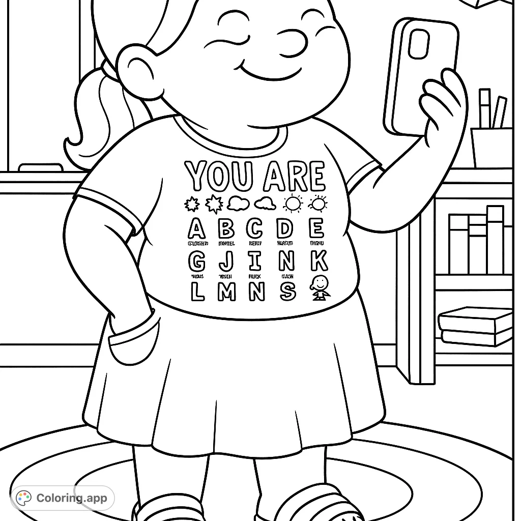 A cheerful teacher in a classroom, holding a phone and wearing an alphabet shirt. Perfect for celebrating educators and learning the ABCs!