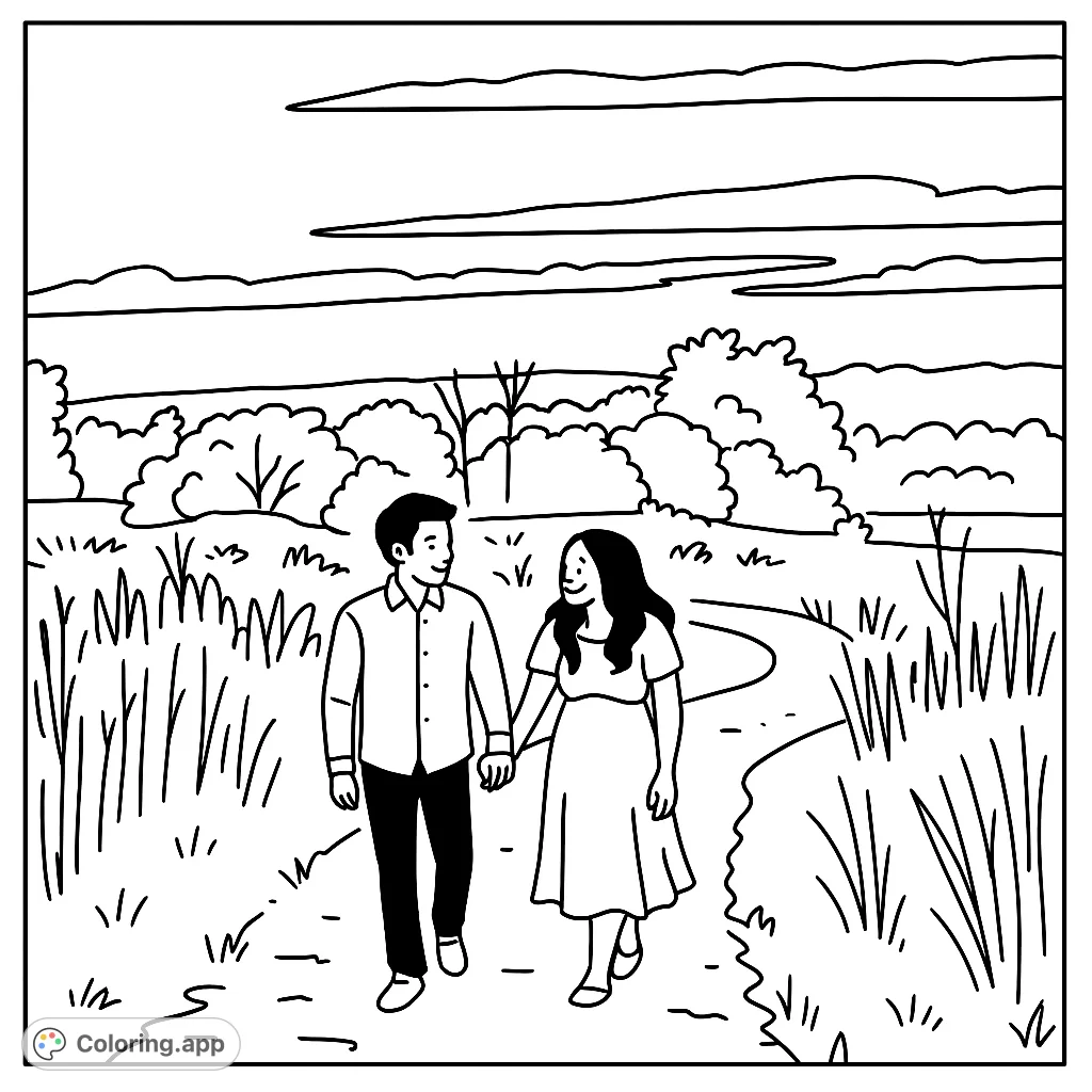 Capture a serene moment with this romantic walk coloring page. A couple strolls hand-in-hand through a field, surrounded by nature under a cloudy sky.