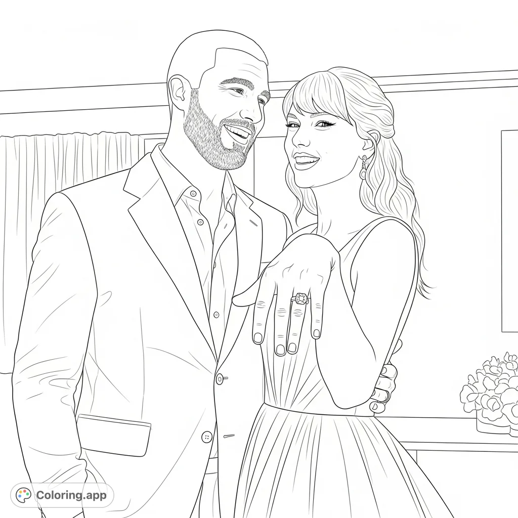 A realistic Travis Kelce and Taylor Swift engagement coloring page, featuring Taylor's prominent ring and their joyful expressions. Perfect for fans!