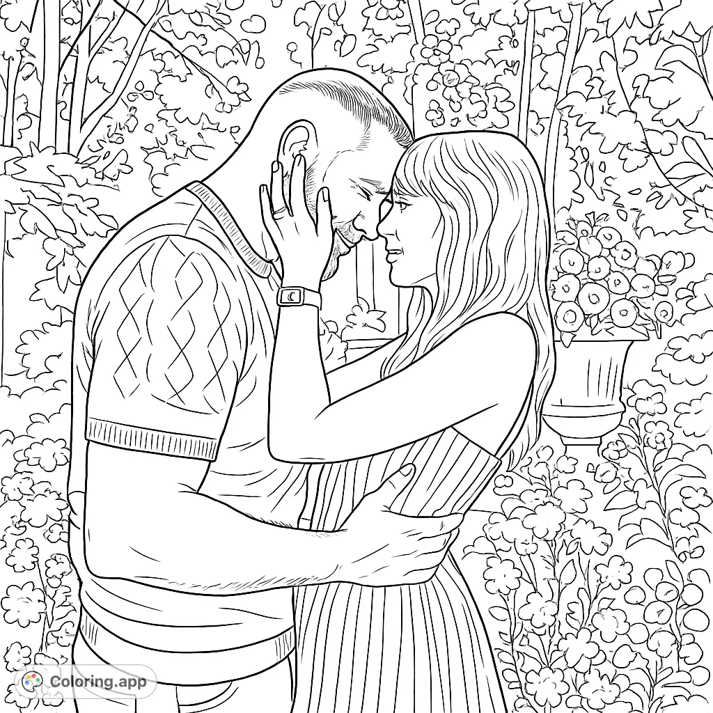 Capture a tender moment of a couple embracing in a beautiful, flower-filled garden. Perfect for celebrating love and connection.