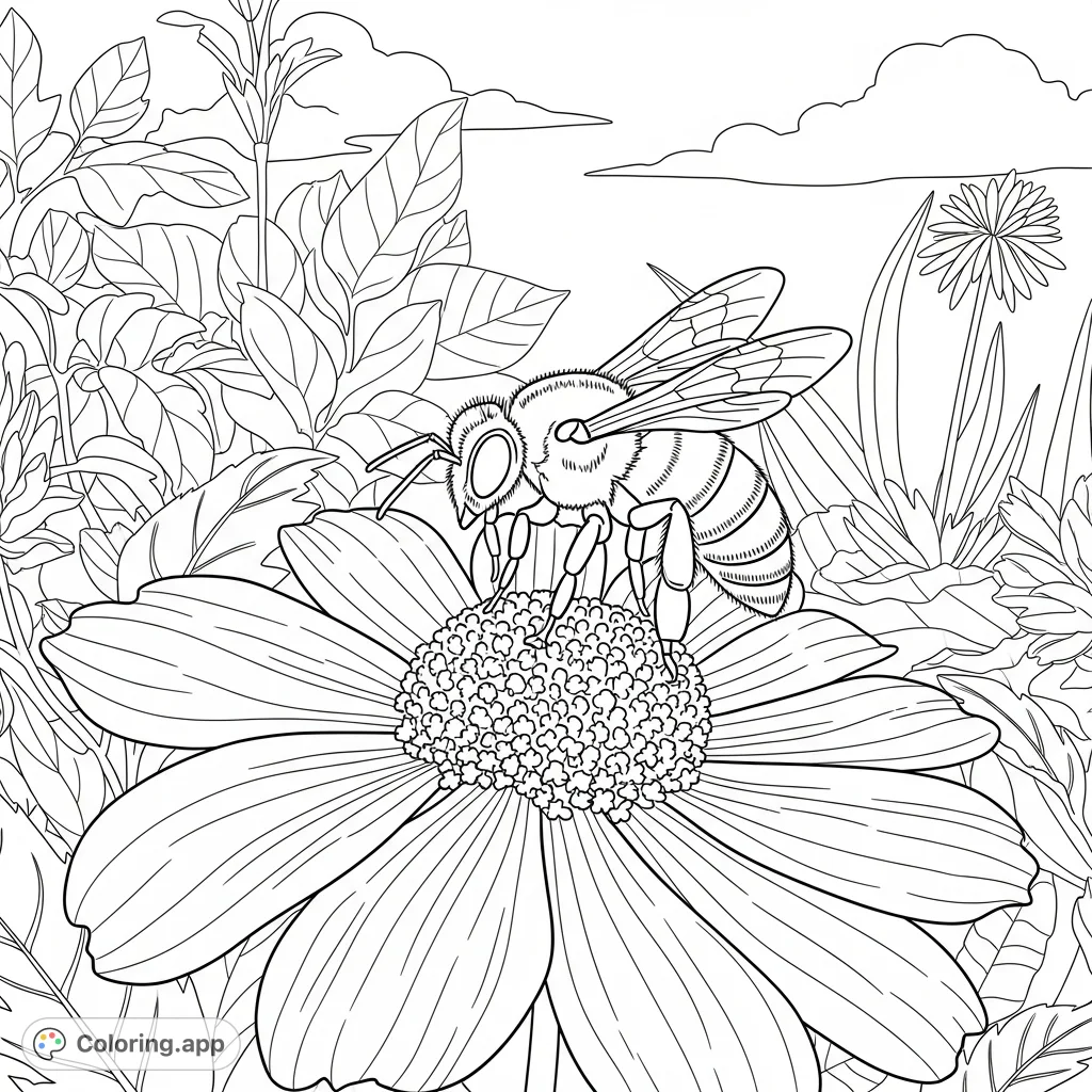 A charming bee gathers nectar from a detailed flower in a sunlit garden, perfect for a relaxing nature coloring page experience.