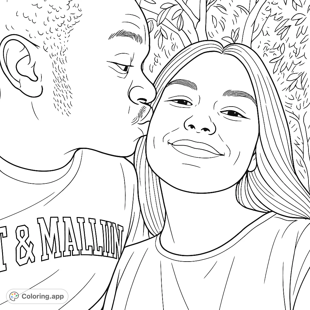 Capture a tender moment with this affectionate couple coloring page. A man kisses a smiling woman on the cheek, set against a natural backdrop.