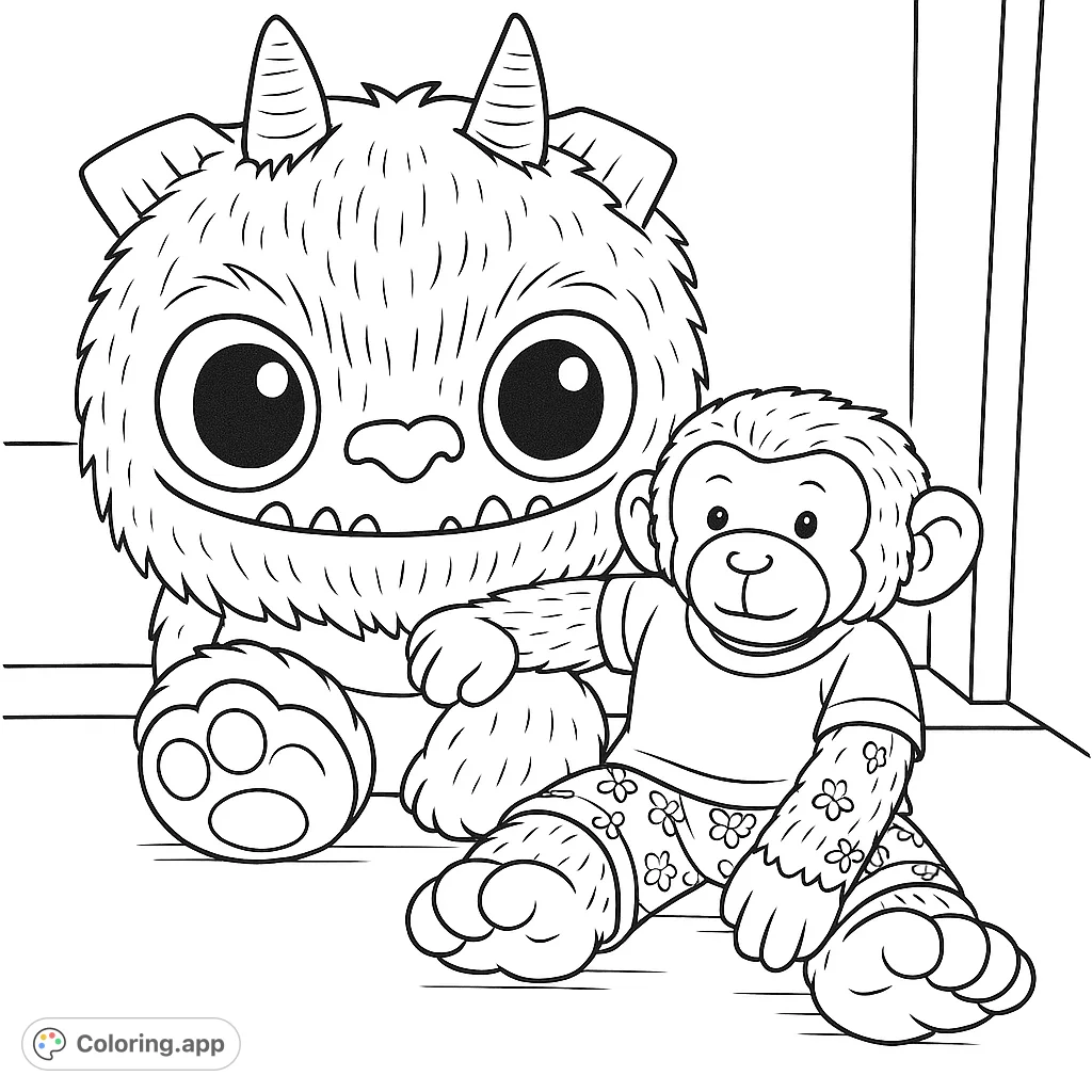 A delightful coloring page featuring a fluffy monster and its monkey friend, perfect for imaginative adventures. Bring these adorable plush toys to life with your favorite colors!