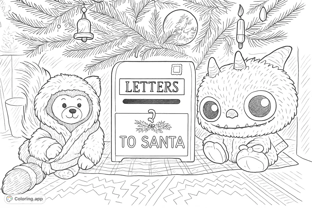 A charming scene under a festive tree featuring a 'Letters to Santa' mailbox flanked by a cuddly red panda plush and a whimsical horned creature. Perfect for holiday coloring!