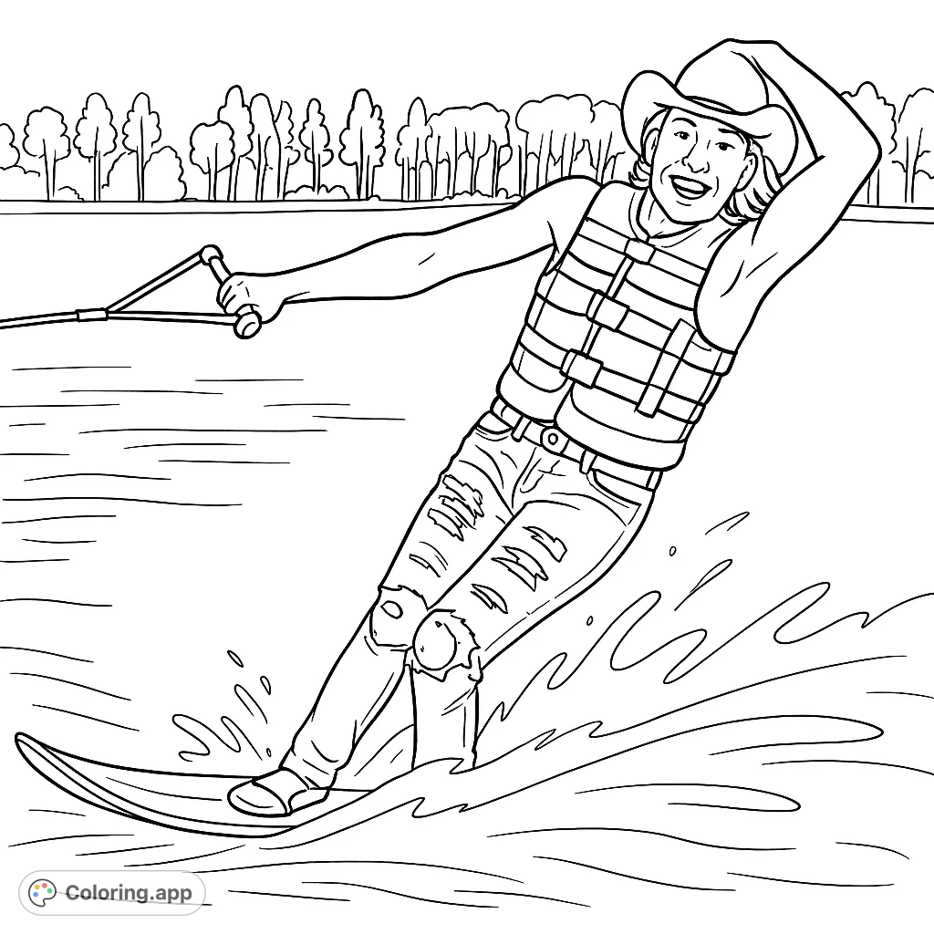 An energetic water skiing cowboy, complete with hat and life vest, carves through the water, creating a dynamic scene perfect for a fun coloring page.