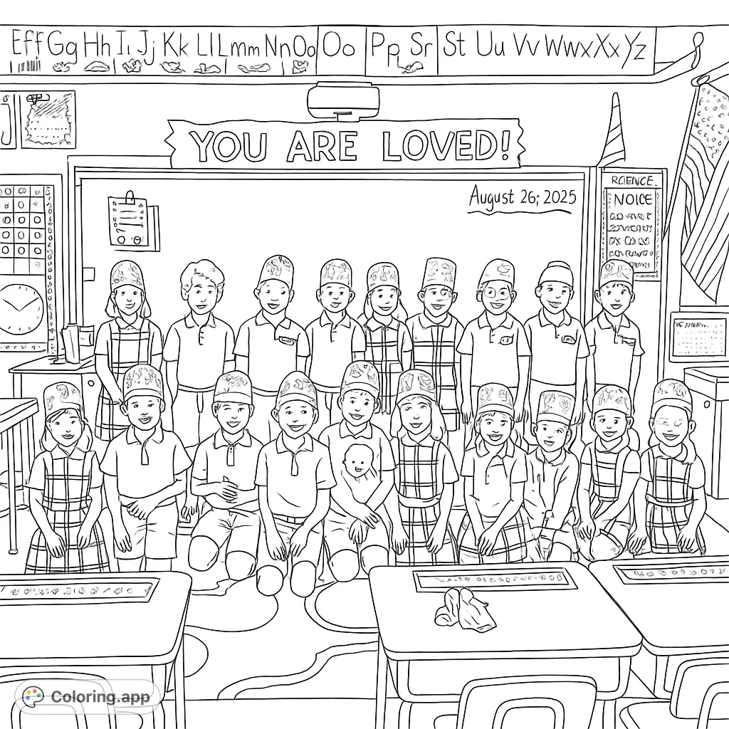 Celebrate the joy of learning with this second grade classroom coloring page! Students in crowns pose in their classroom, ready for a fun coloring adventure.