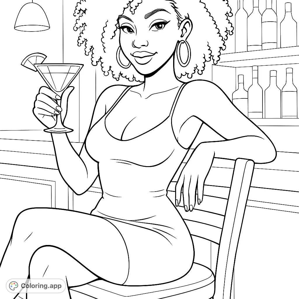 An elegant woman with curly hair enjoys a cocktail at a stylish bar. Perfect for adult colorists seeking a sophisticated and relaxing creative escape.