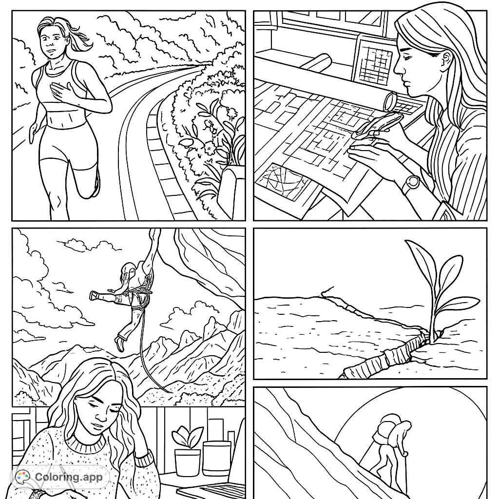 Explore themes of effort, growth, and achievement in this unique collage coloring page. Featuring diverse scenes from running to rock climbing and nature's resilience.