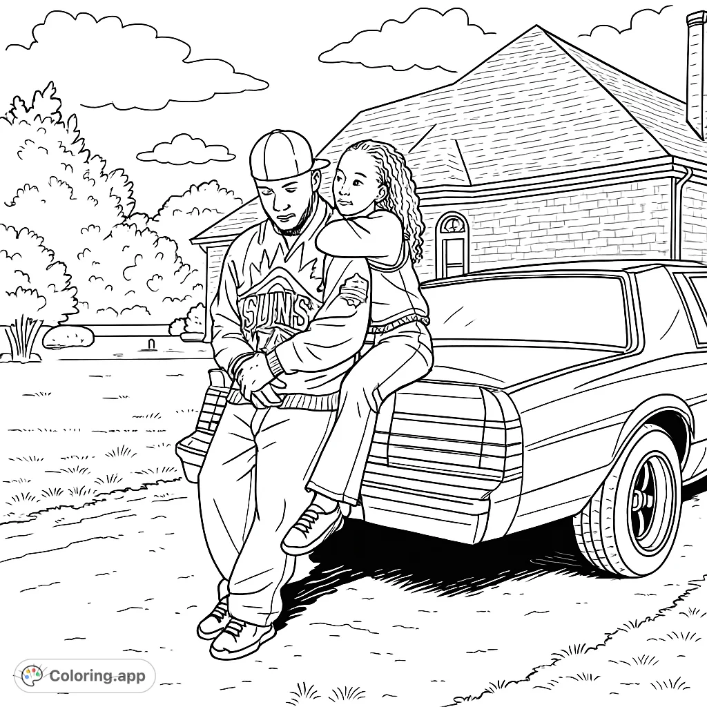A stylish couple poses with a classic car in front of a house, perfect for urban fashion and classic car enthusiasts to color.