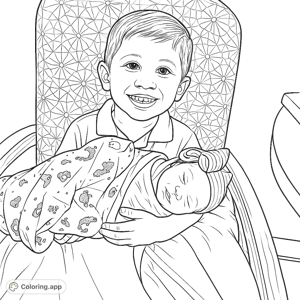 A heartwarming scene of a proud big brother gently holding his sleeping newborn sibling. Perfect for celebrating family bonds and new arrivals.