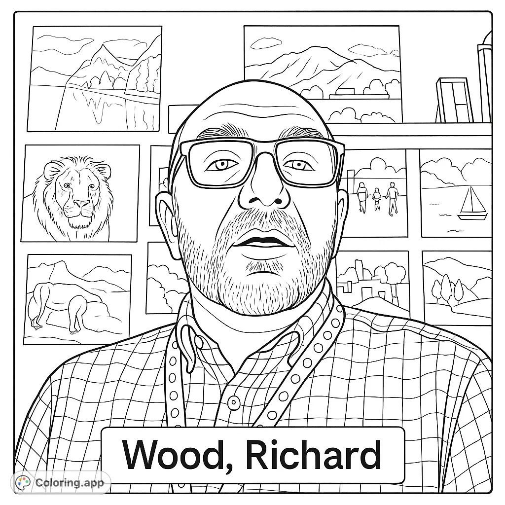 A detailed coloring page featuring a man with glasses and a beard, set against a wall adorned with various framed artworks and decorative objects.