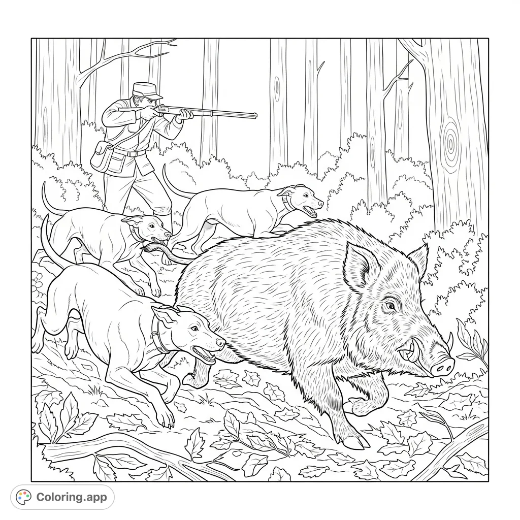 Experience the thrill of a forest hunt with this detailed coloring page featuring dogs chasing a wild boar and a hunter ready to aim.