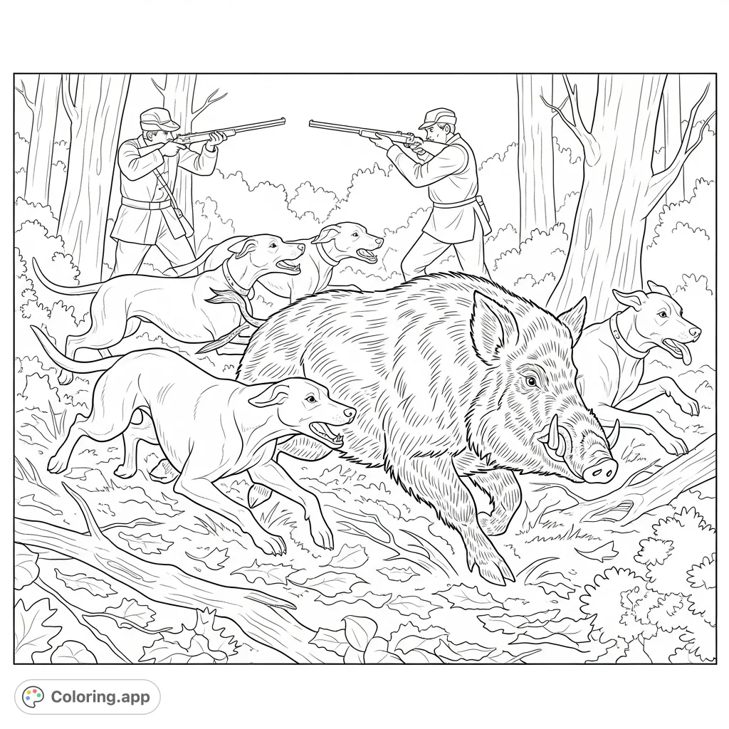 Experience the thrill of a forest hunt with this detailed coloring page featuring dogs chasing a wild boar and a hunter ready to aim.