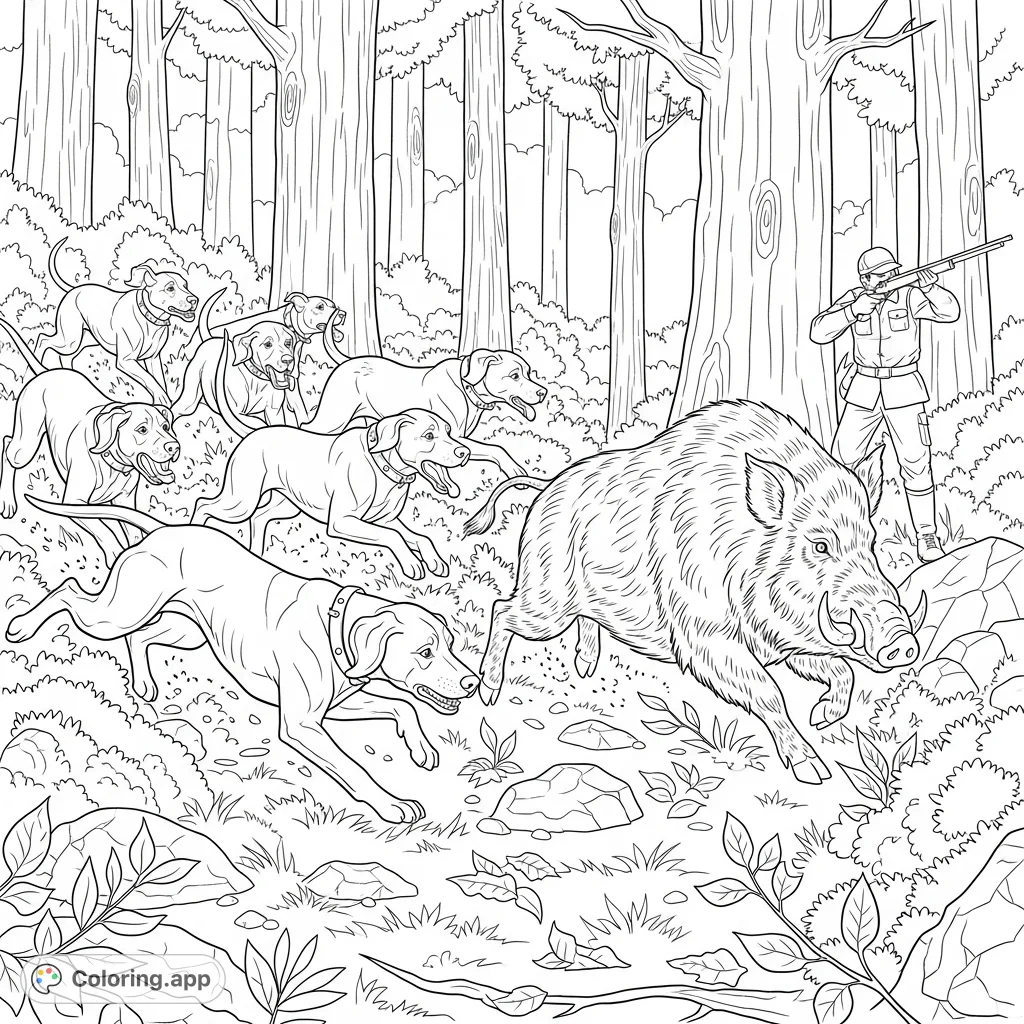 Experience the thrill of a forest hunt with dogs chasing a wild boar and a hunter ready to aim. A detailed wildlife coloring page for adults.
