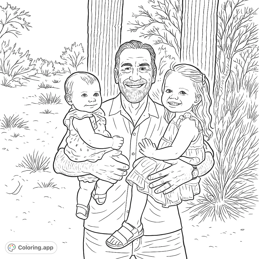 Capture a heartwarming moment with a grandfather and his two smiling grandchildren amidst a desert landscape with towering cacti. A delightful family scene.