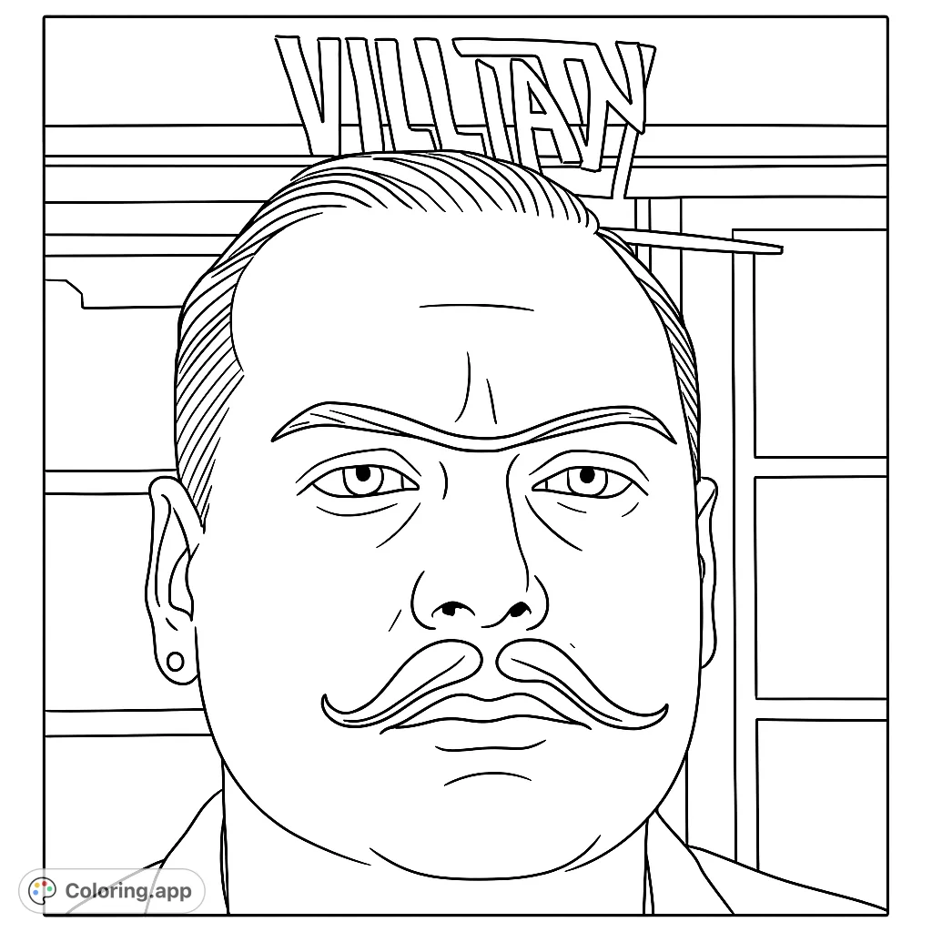 A playful coloring page featuring a man's face with whimsical drawings of a crown, exaggerated eyebrows, and a curled mustache on a transparent surface.
