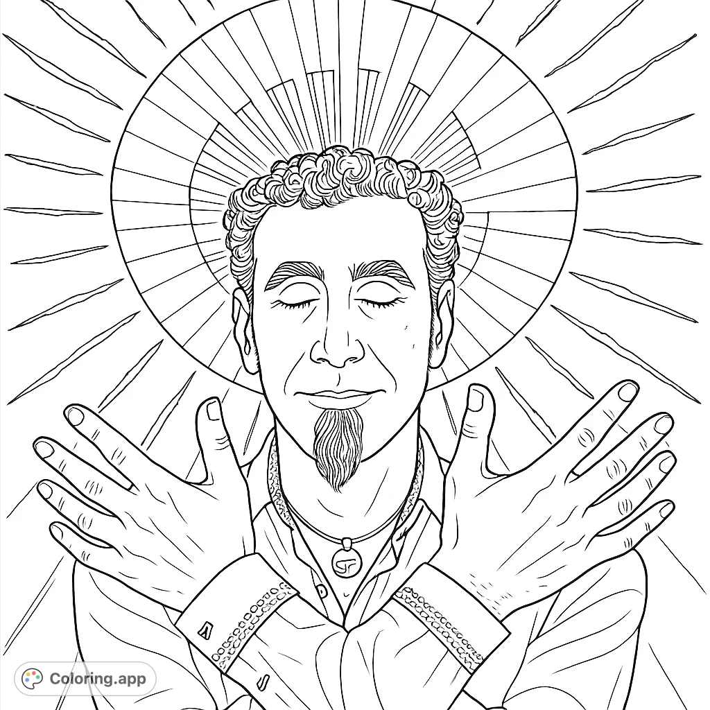 A contemplative figure with closed eyes and crossed arms, set against a radiating circular pattern, offering a serene and artistic coloring experience.