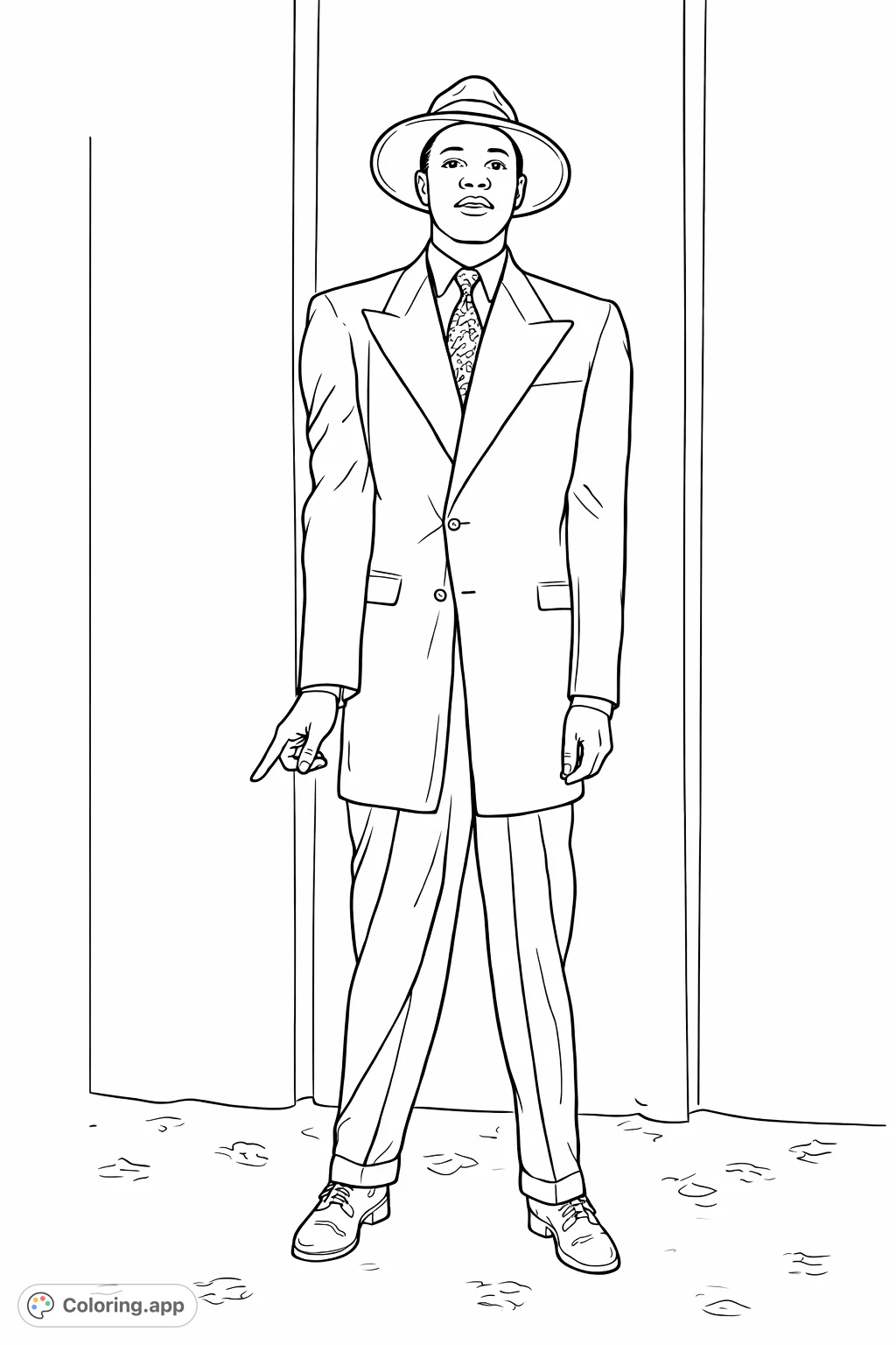 A dapper man in a vintage suit and hat strikes a pose, inviting creativity. Perfect for fashion enthusiasts and those who appreciate classic style.