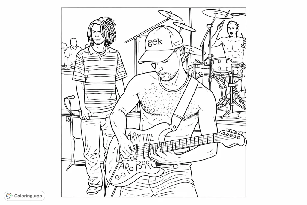 Capture the electrifying energy of a live rock band concert with this detailed coloring page featuring a guitarist, drummer, and a band member on stage.
