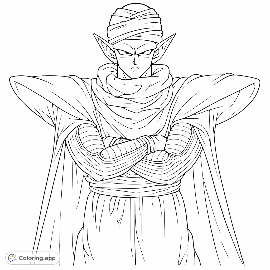 Bring to life this powerful Namekian warrior in a classic crossed-arms pose. Features intricate details, making for an engaging coloring experience.