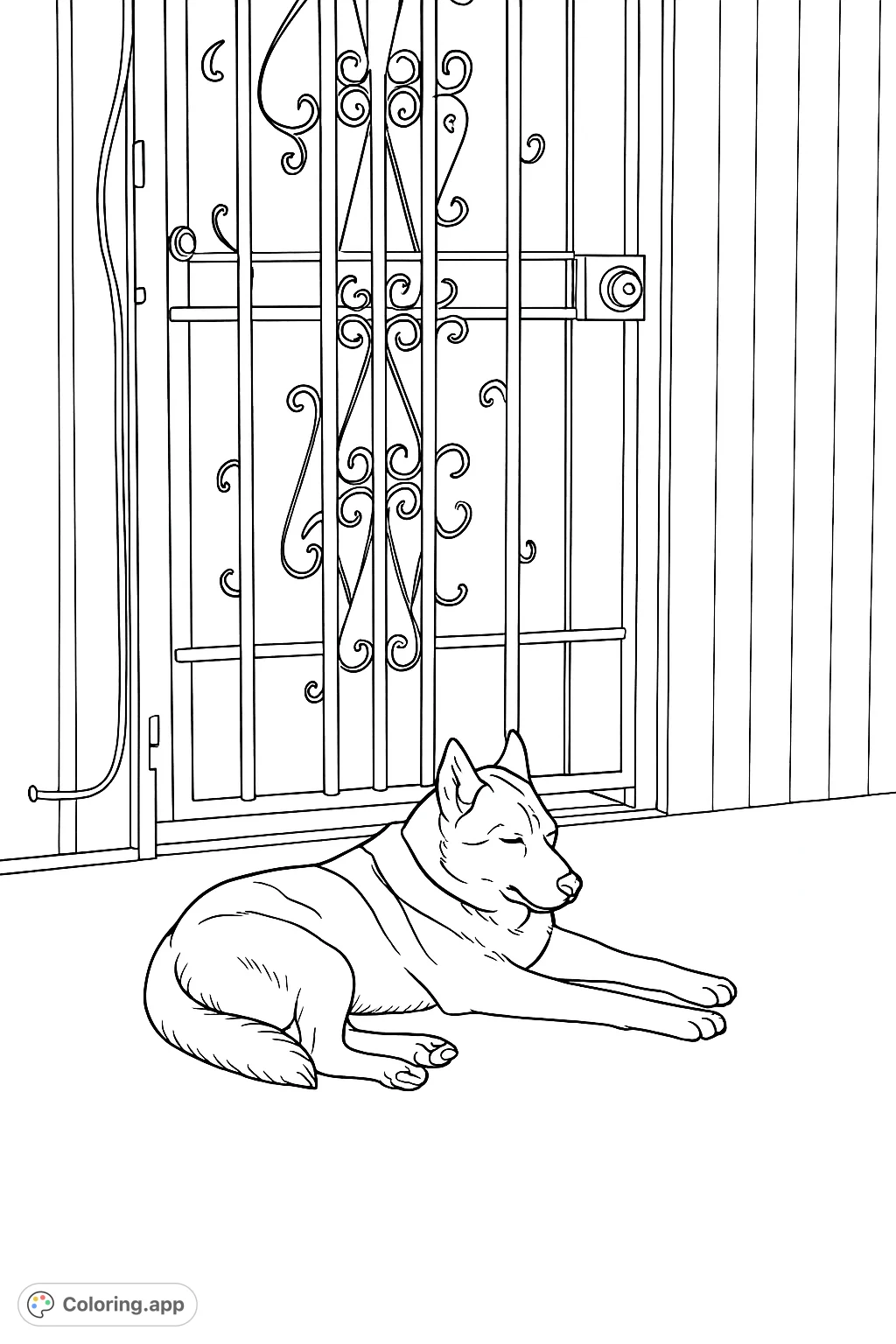 A serene dog relaxes by a beautiful ornate security gate and textured wall. Perfect for unwinding with details like scrolling patterns and fur textures.
