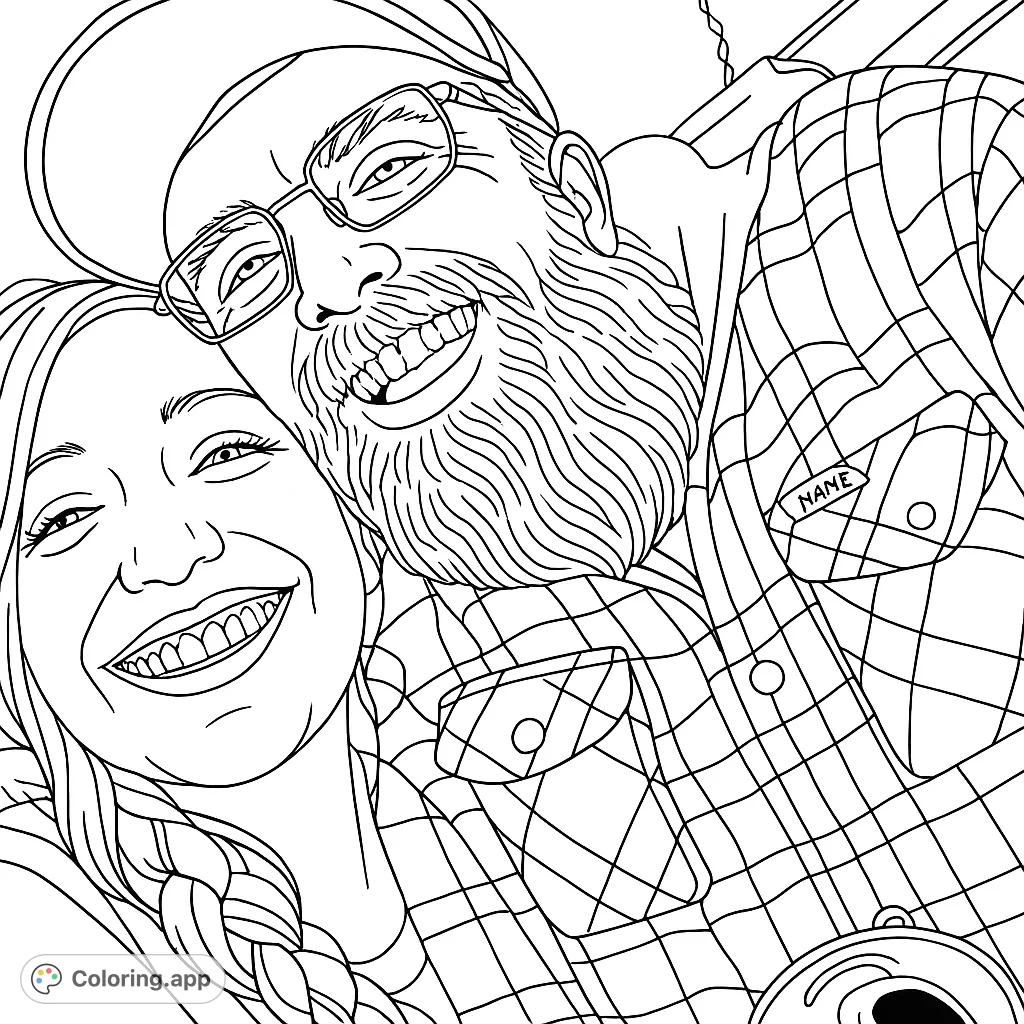 Capture a moment of happiness with this couple portrait coloring page, featuring two smiling individuals, a textured beard, and a plaid shirt.