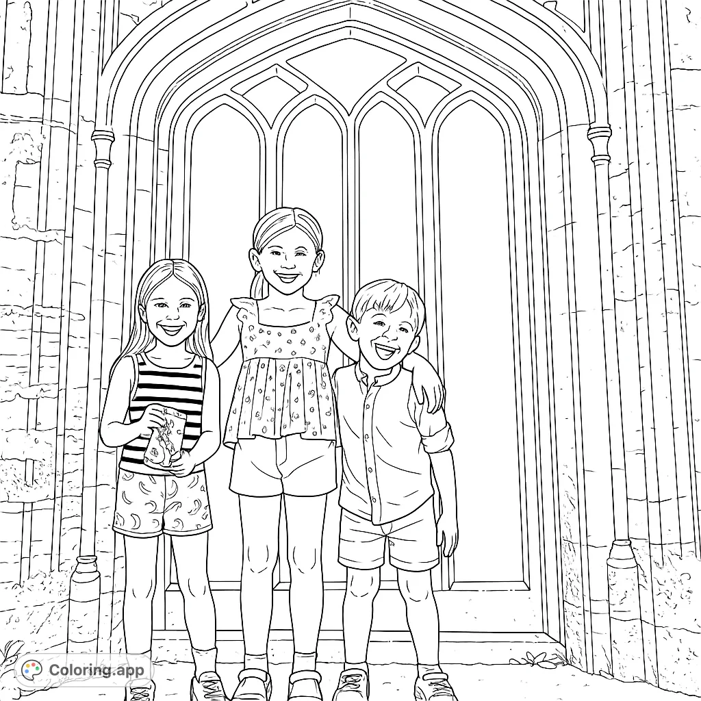 Three joyful children stand before a magnificent, intricately carved stone archway and a grand wooden door, ready for a creative coloring adventure.