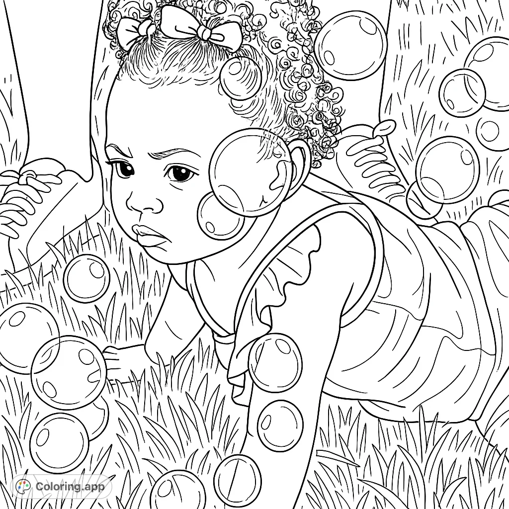 A delightful baby explores a grassy field surrounded by playful bubbles. This charming coloring page captures a moment of innocent wonder and joy.