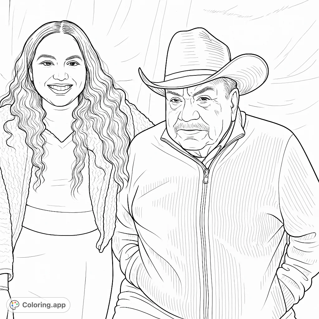 Capture a heartwarming moment with this family portrait coloring page. Featuring a smiling woman and a distinguished man in a cowboy hat, perfect for all ages.