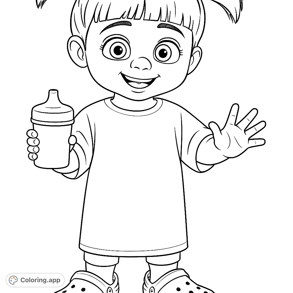 A delightful coloring page featuring a cheerful child with pigtails, holding a cup and waving. Perfect for young fans to bring this beloved character to life.