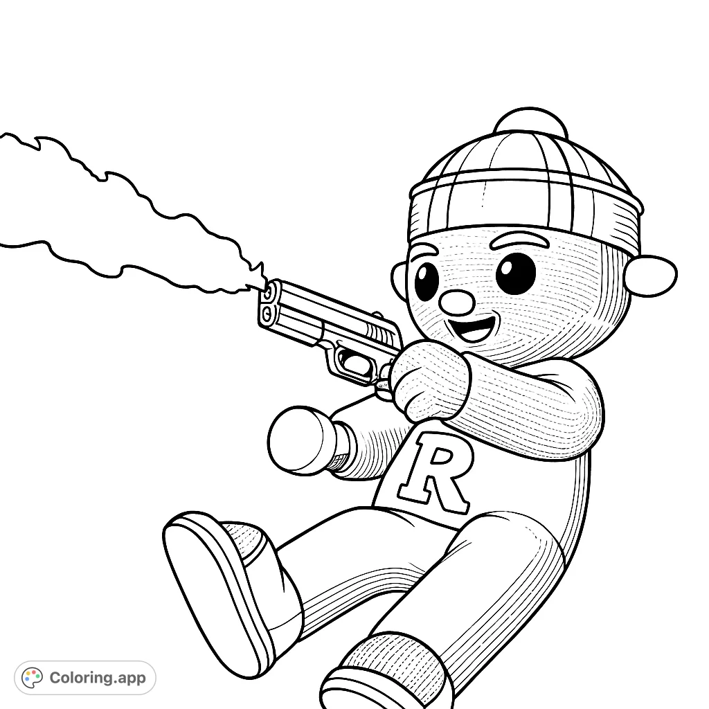 A unique stylized character, resembling a doll, holds a firearm with a muzzle flash. Features a textured surface and a prominent 'R' pendant.