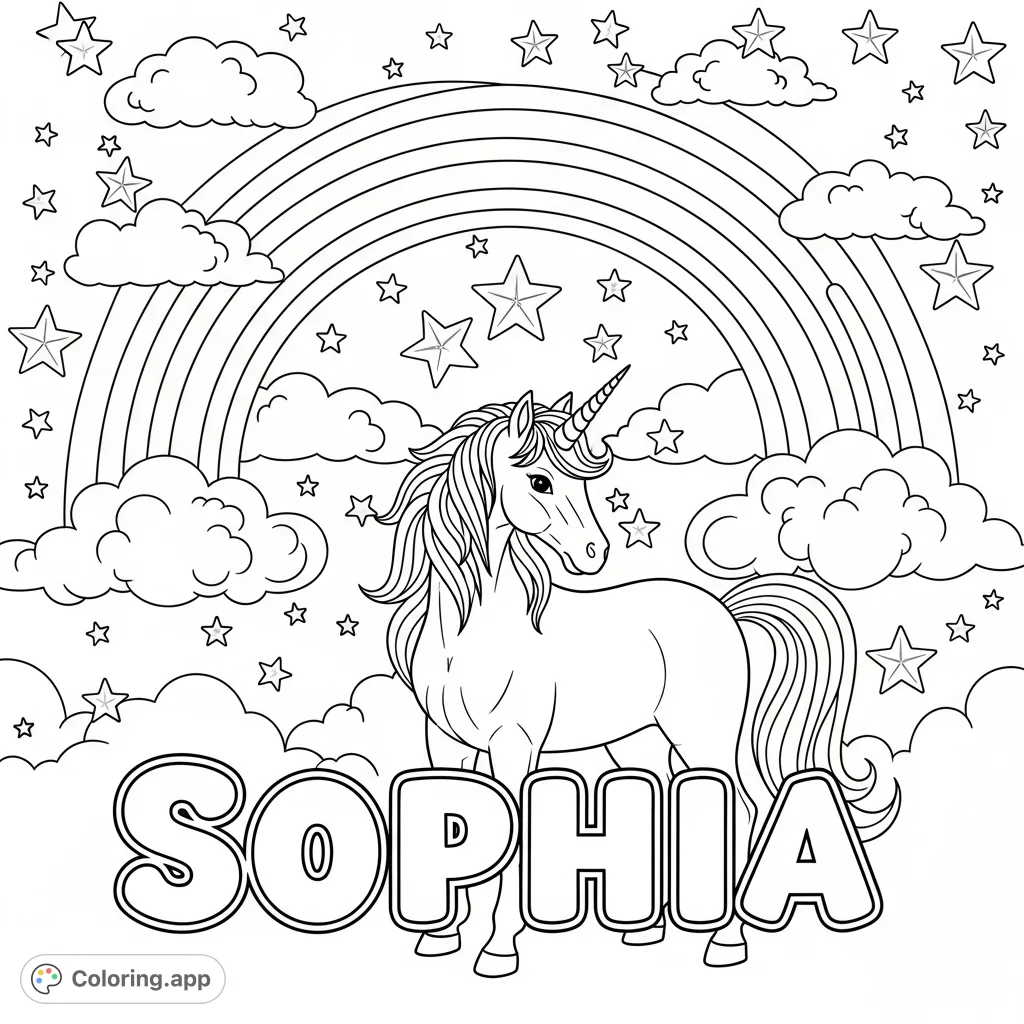 A enchanting unicorn and rainbow scene, personalized with the name 'Sophia'. Perfect for young dreamers to color and bring to life with vibrant hues.