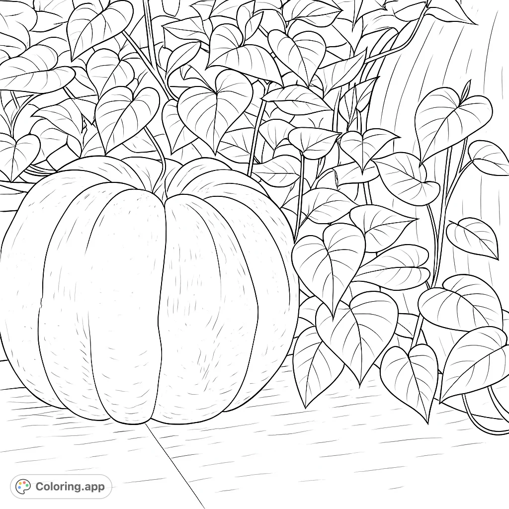 A charming autumn scene featuring a textured, ribbed pumpkin nestled among heart-shaped leaves and vines, with another pumpkin peeking from behind.