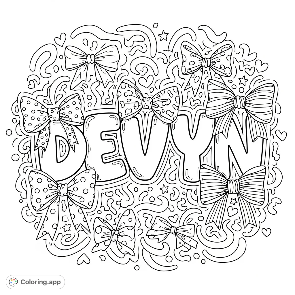 Color the name DEVYN in a fun graffiti style, adorned with preppy bows and playful squiggly lines. An easy, free printable coloring page for all ages.