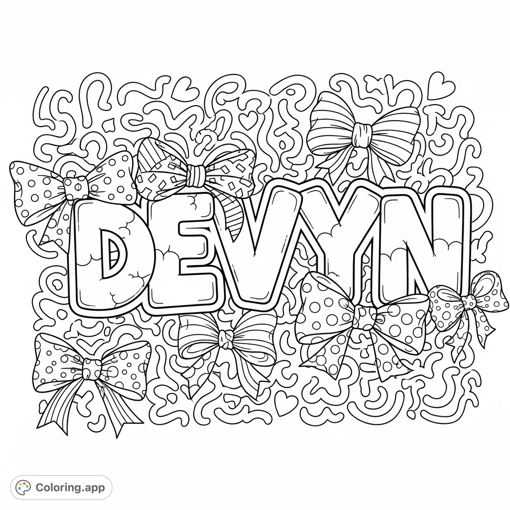 Color the name DEVYN in a fun graffiti style, adorned with preppy bows and playful squiggly lines. An easy, free printable coloring page for all ages.