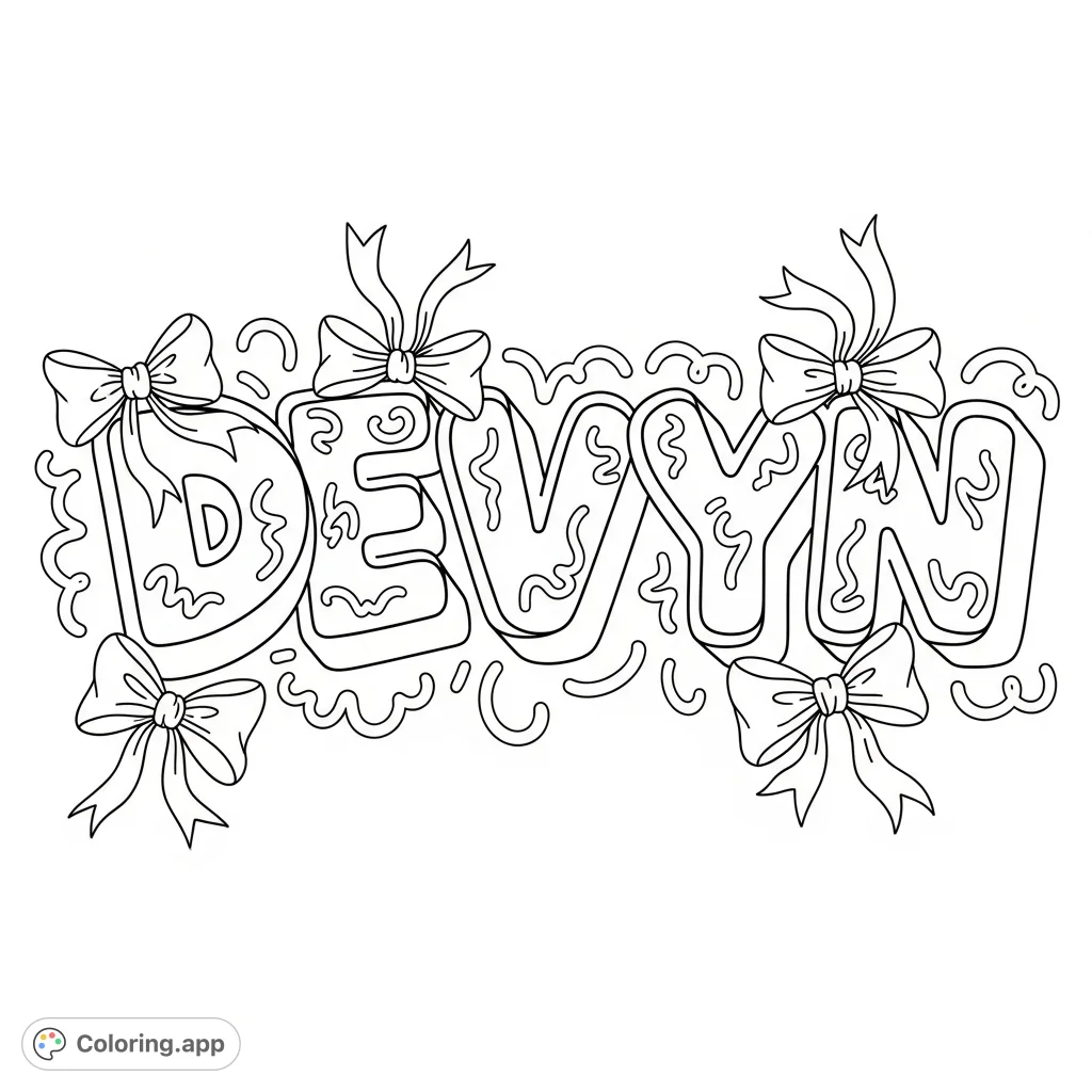 Personalized DEVYN graffiti coloring page featuring bold letters, charming preppy bows, and playful squiggly lines. A fun, easy design for all ages.