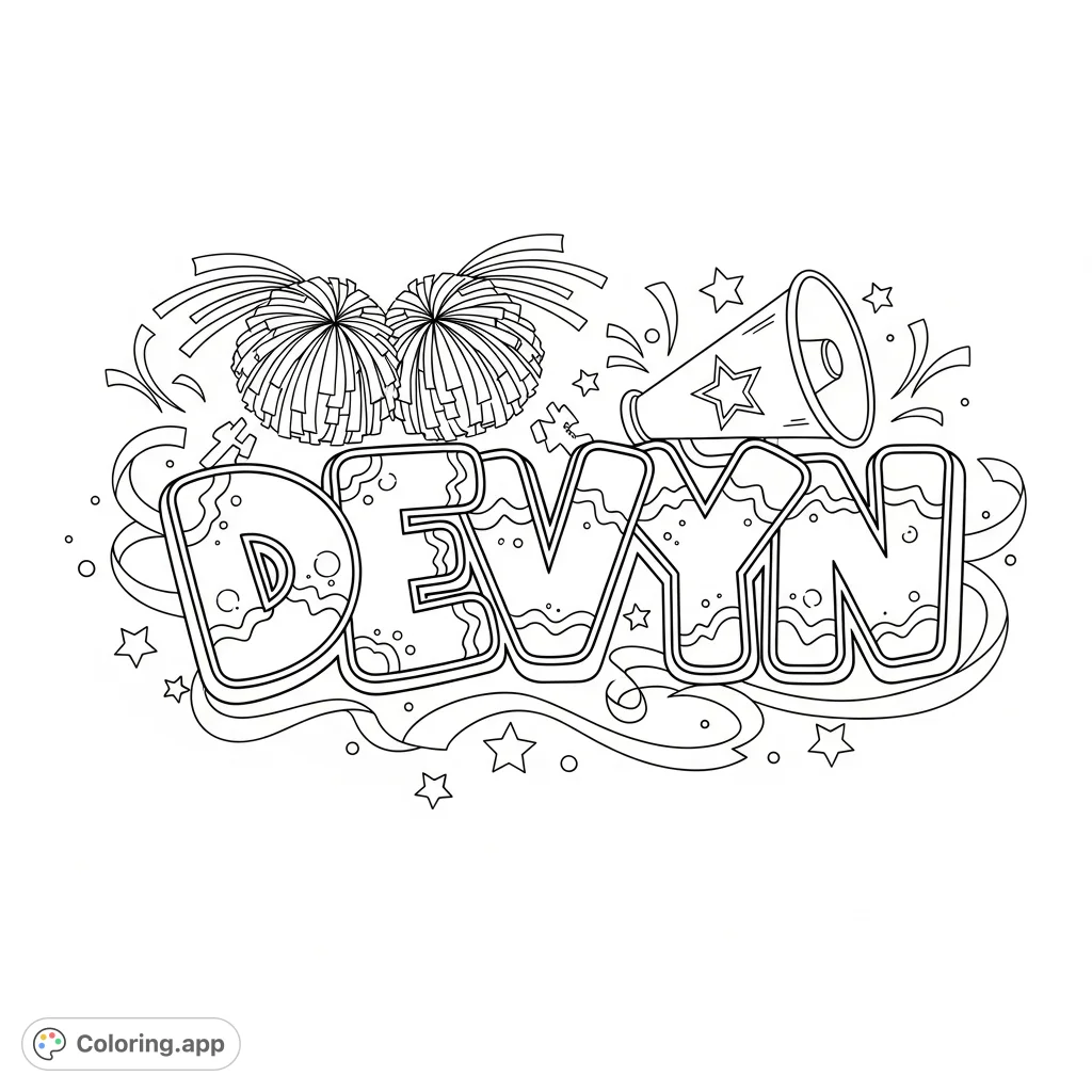 A vibrant "DEVYN" graffiti coloring page, bursting with cheerleading energy. Features bold letters, pompoms, megaphones, and stars for a personalized touch.