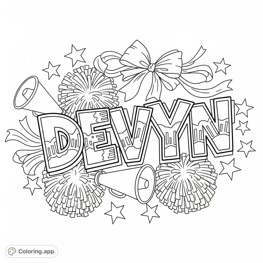 A dynamic graffiti-style 'DEVYN' coloring page, adorned with cheerleading elements like pom-poms, megaphones, and stars, perfect for a spirited binder cover.