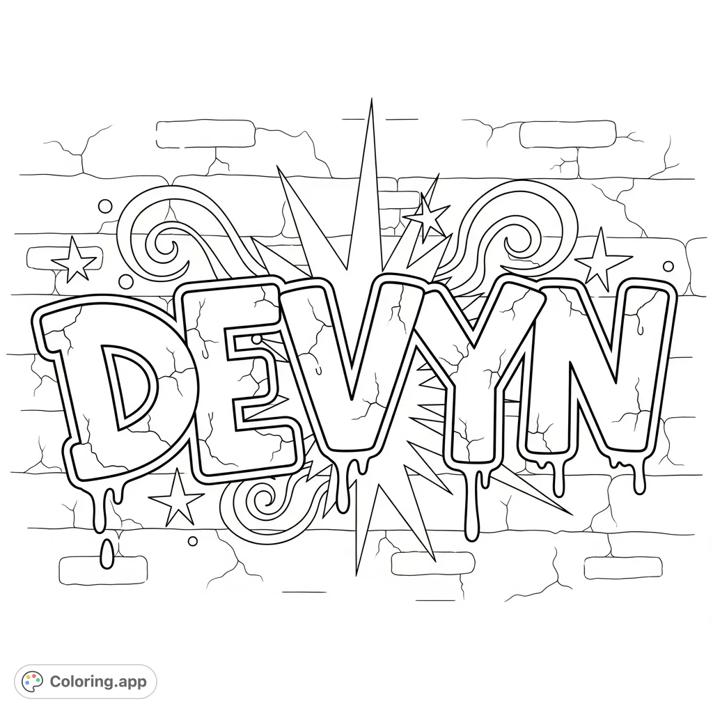 Unleash your creativity with this dynamic DEVYN graffiti coloring page. Bold letters, drips, and urban flair await your vibrant color choices.