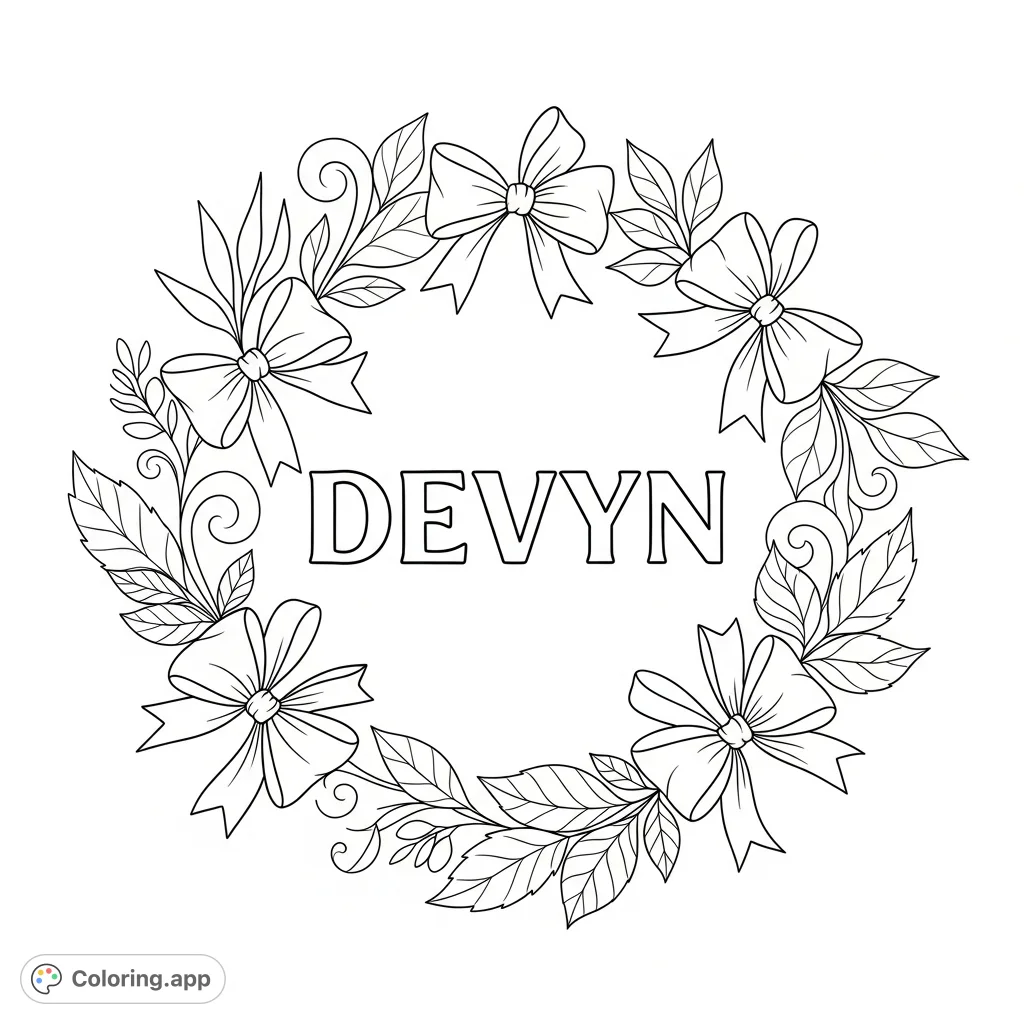 A personalized Devyn name coloring page featuring a stylized name encircled by elegant bows and a variety of leaves, perfect for custom gifts or decor.
