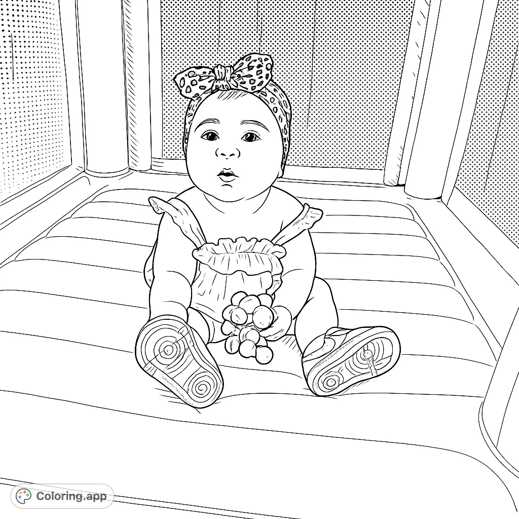 Discover an adorable baby coloring page featuring a sweet infant with a patterned headband and toy, perfect for creative expression and relaxation.