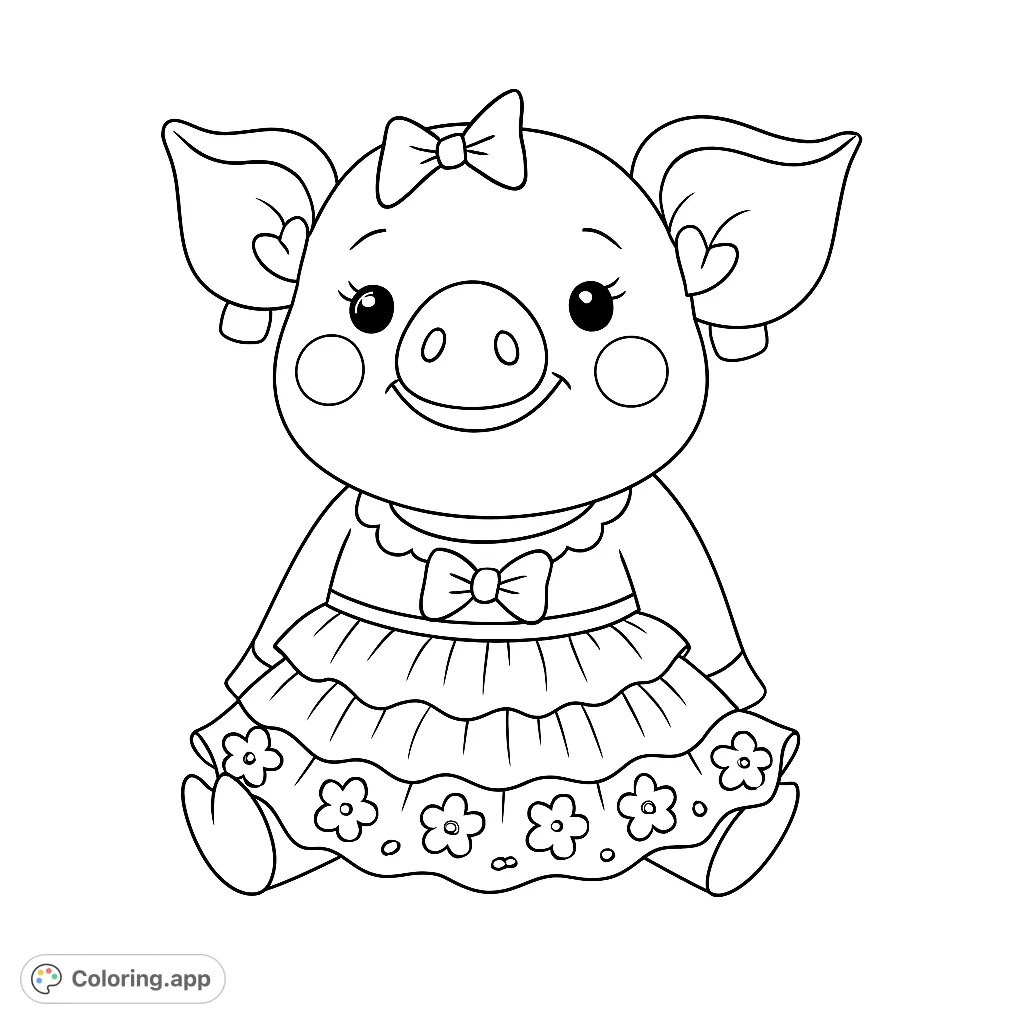 A delightful pig character in a charming ruffled dress adorned with hearts, perfect for a fun and creative coloring experience.