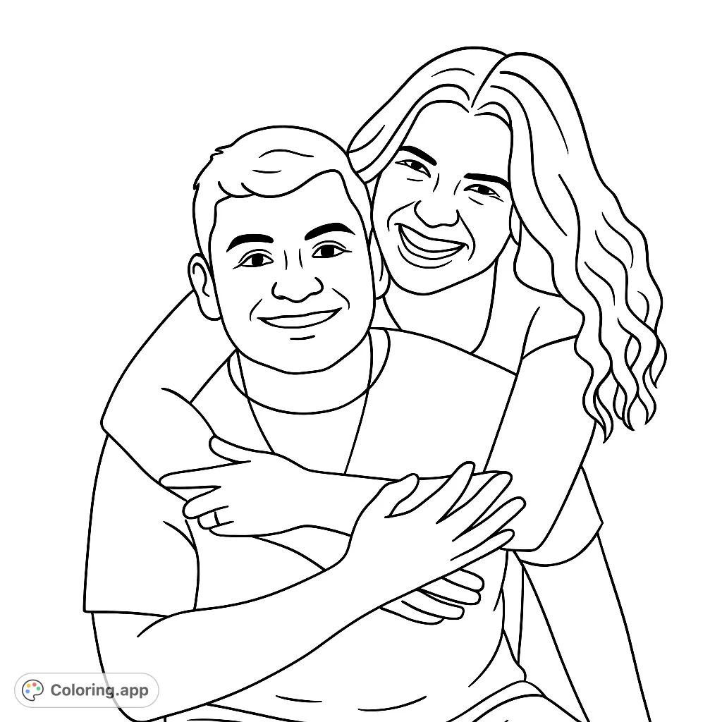 Capture a moment of happiness with this free printable couple coloring page. Features two smiling individuals in a warm embrace against a simple background.