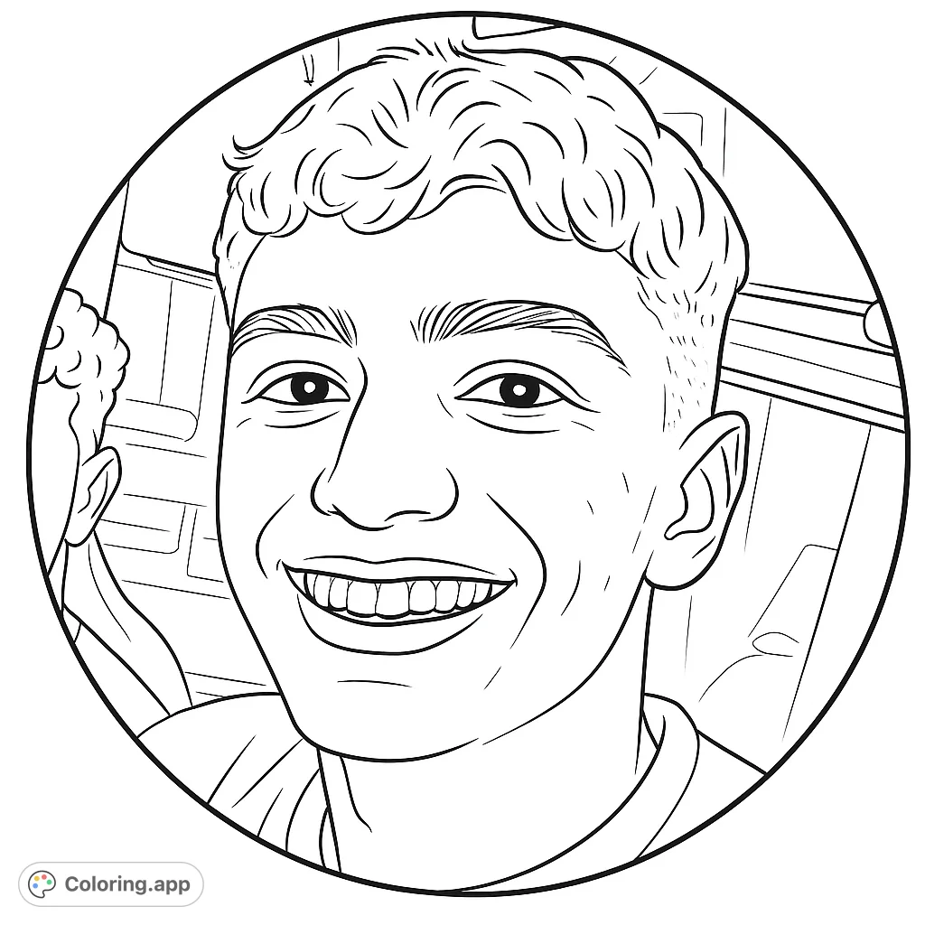 A cheerful young man with a wide smile and expressive features, perfect for a personalized portrait coloring page. Capture his joyful expression.