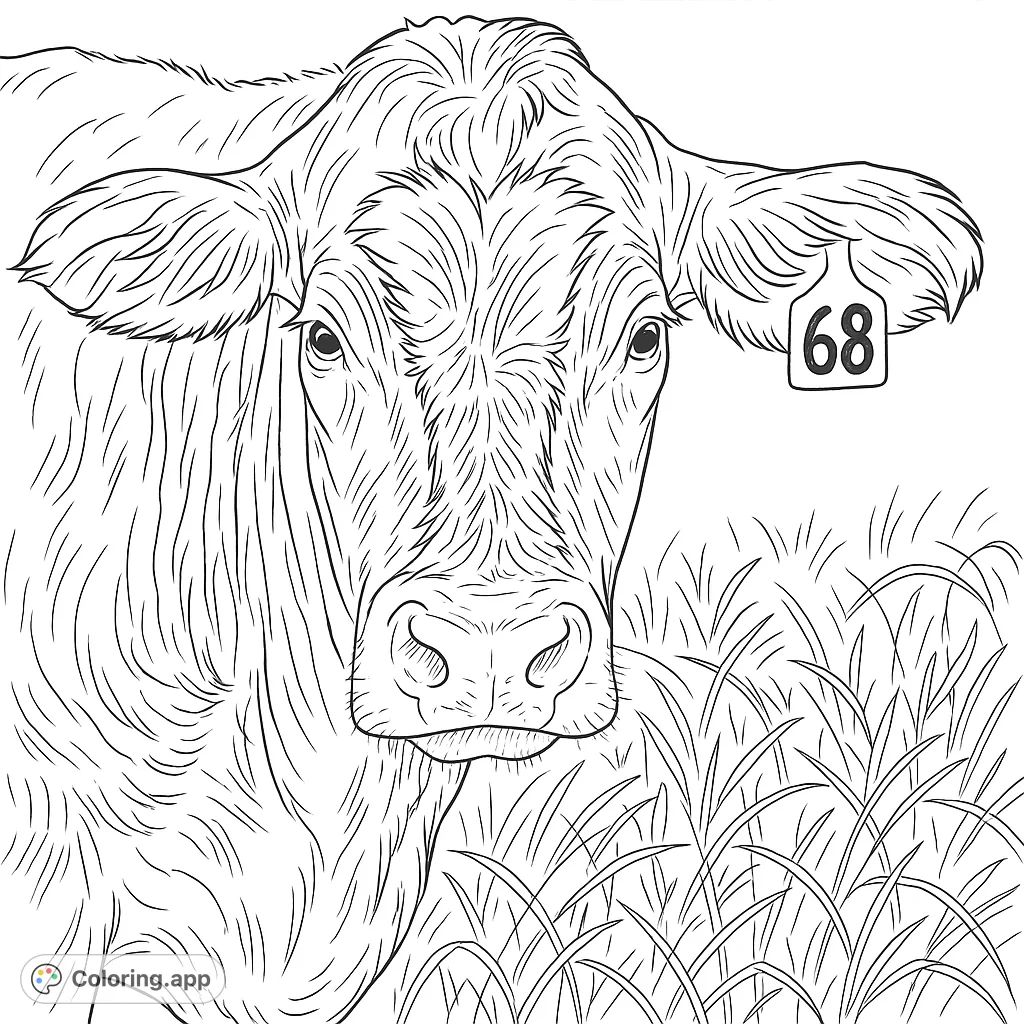 A detailed coloring page featuring a friendly cow with an ear tag, standing in a grassy field. Perfect for animal lovers seeking a challenging and rewarding experience.