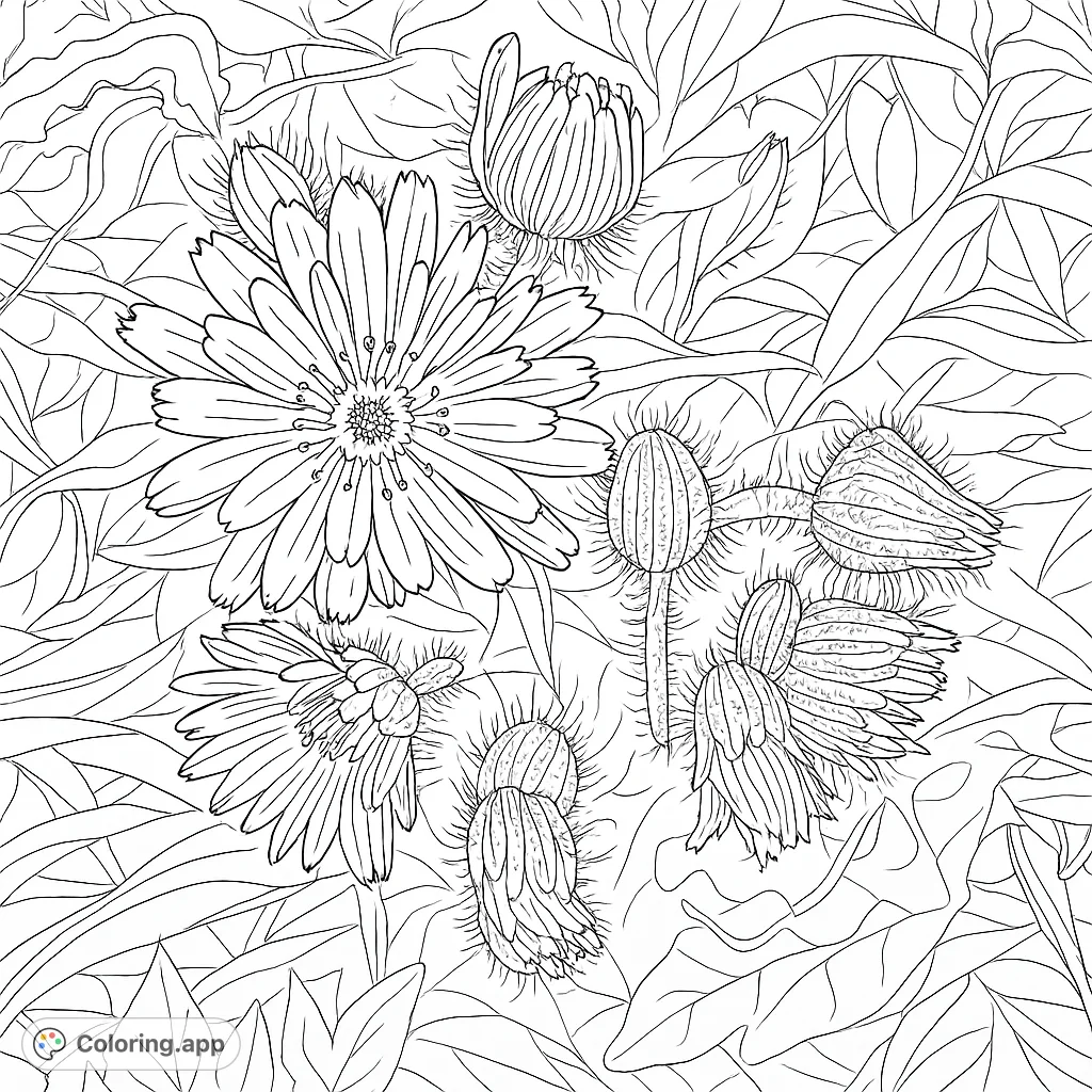Discover an intricate floral cluster coloring page featuring detailed open flowers, spiky buds, and lush foliage, perfect for a relaxing creative escape.