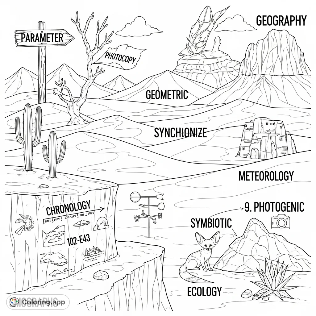Explore a vast, barren desert landscape filled with hidden words. Discover "meteorology," "ecology," and more in this unique desert coloring page.