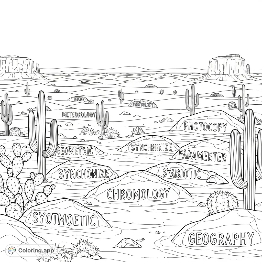 Explore a unique desert landscape coloring page featuring rolling dunes, cacti, and ten intriguing vocabulary words subtly embedded within the rocks and sand.